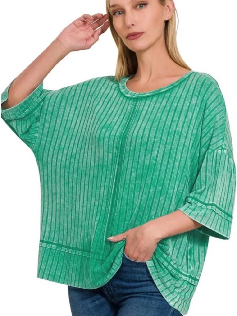 Zenana Outfitters Mint Green Ribbed Drop-Shoulder Tunic